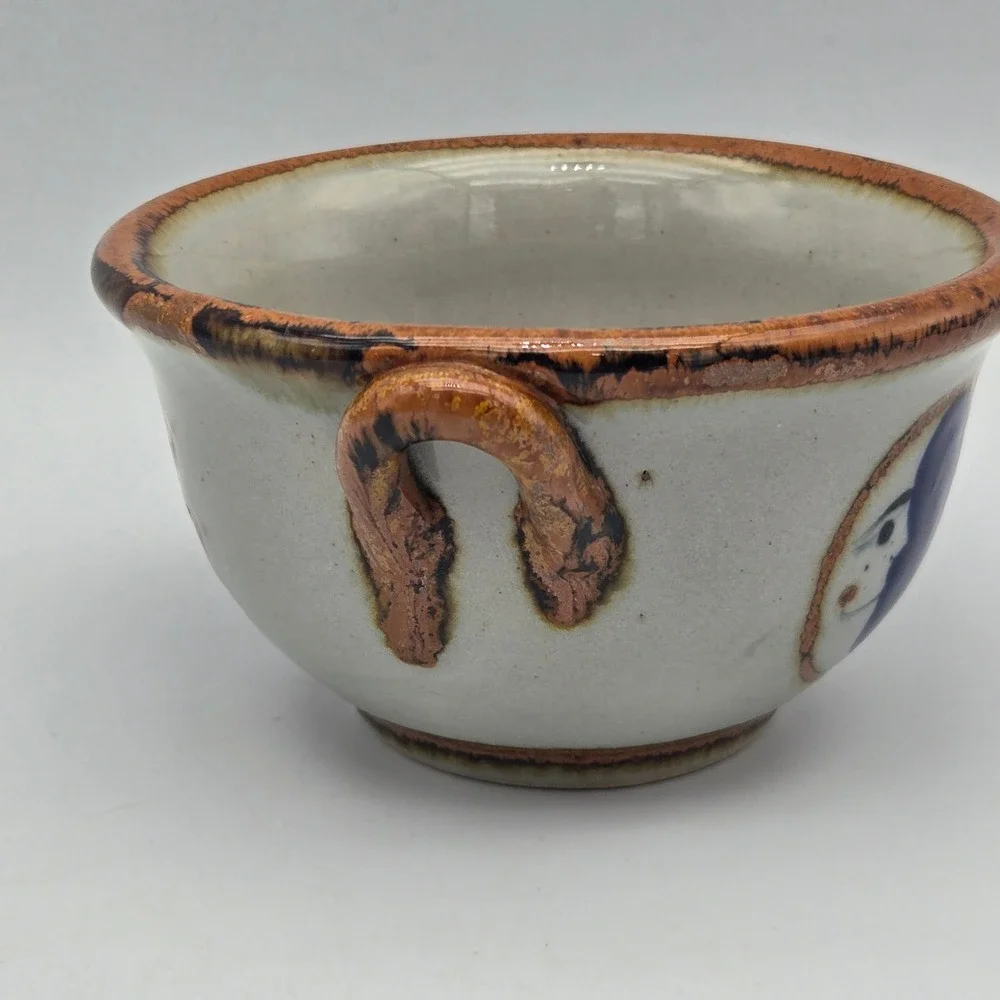 Vintage Tonala Pottery Bowl Sun Moon Celestial Cobalt Blue Hand Painted Mexico